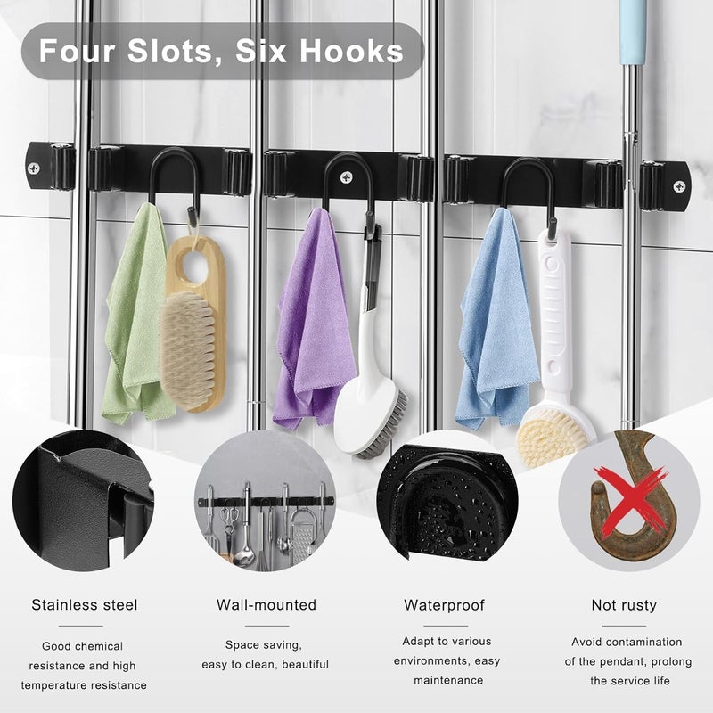 GUUKAR Mop Broom Holder Wall Mount, Black Stainless Steel Tool Storage Organizer for Kitchen Garden Garage Laundry Room Bathroom and RV with 4 Slots 6 Hooks - Image 3